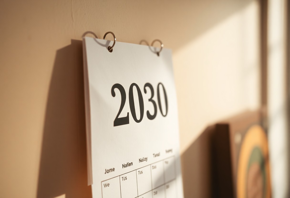 A close up of a calendar showing the year 2030