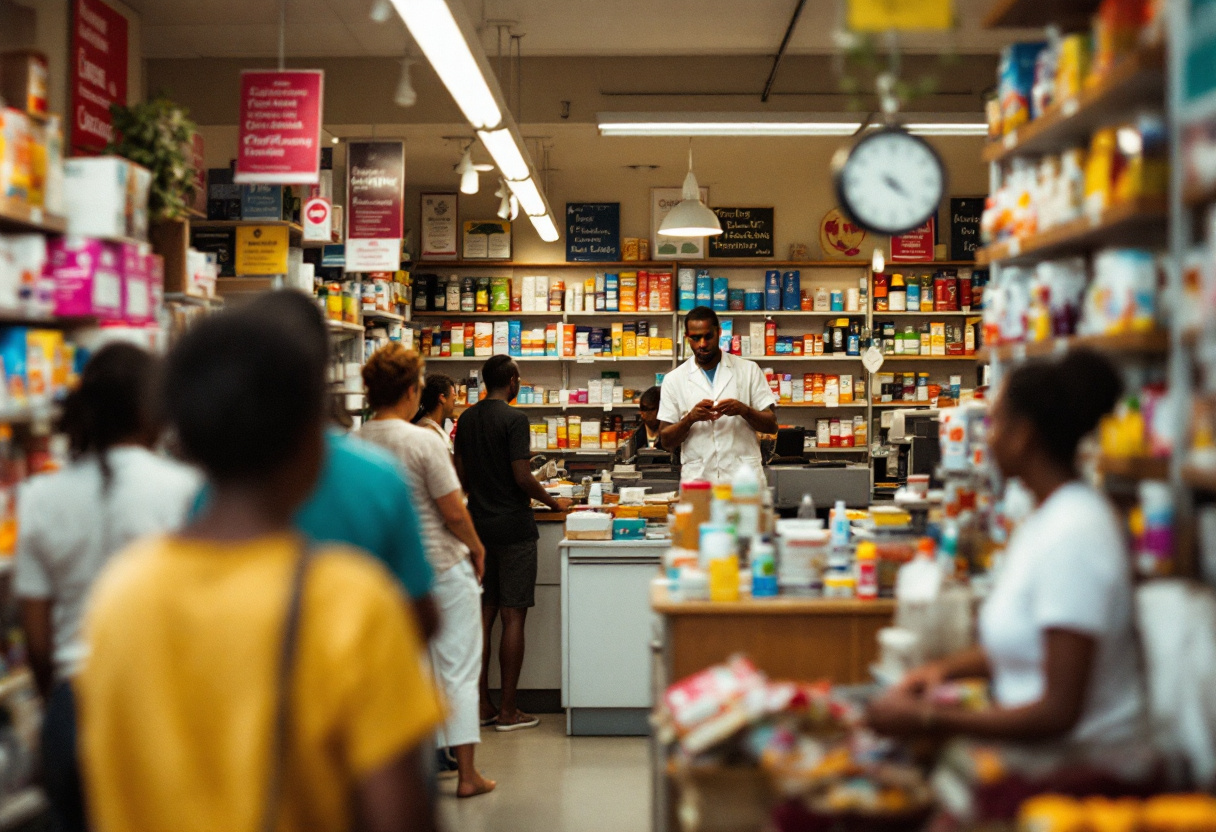 A wide angle photograph of a busy SA pharmacy