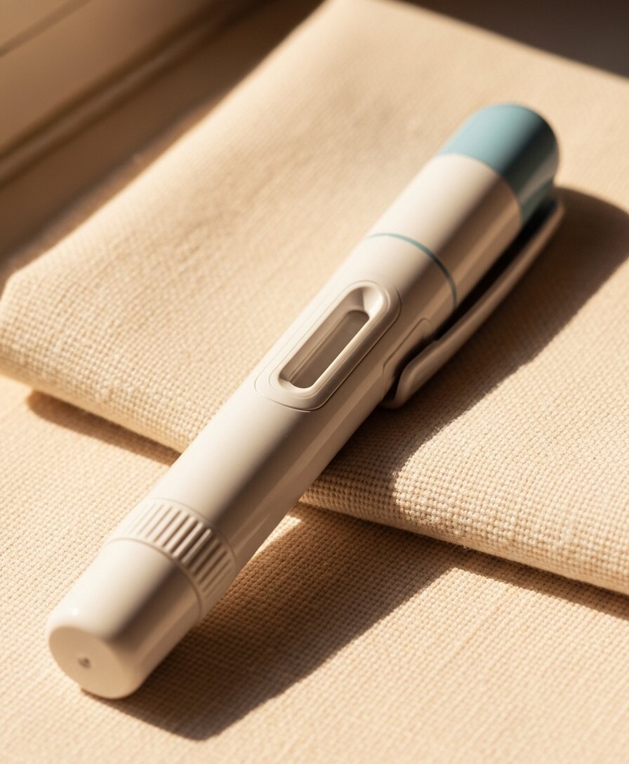 A Mounjaro KwikPen photographed on a textured surface in warm natural light